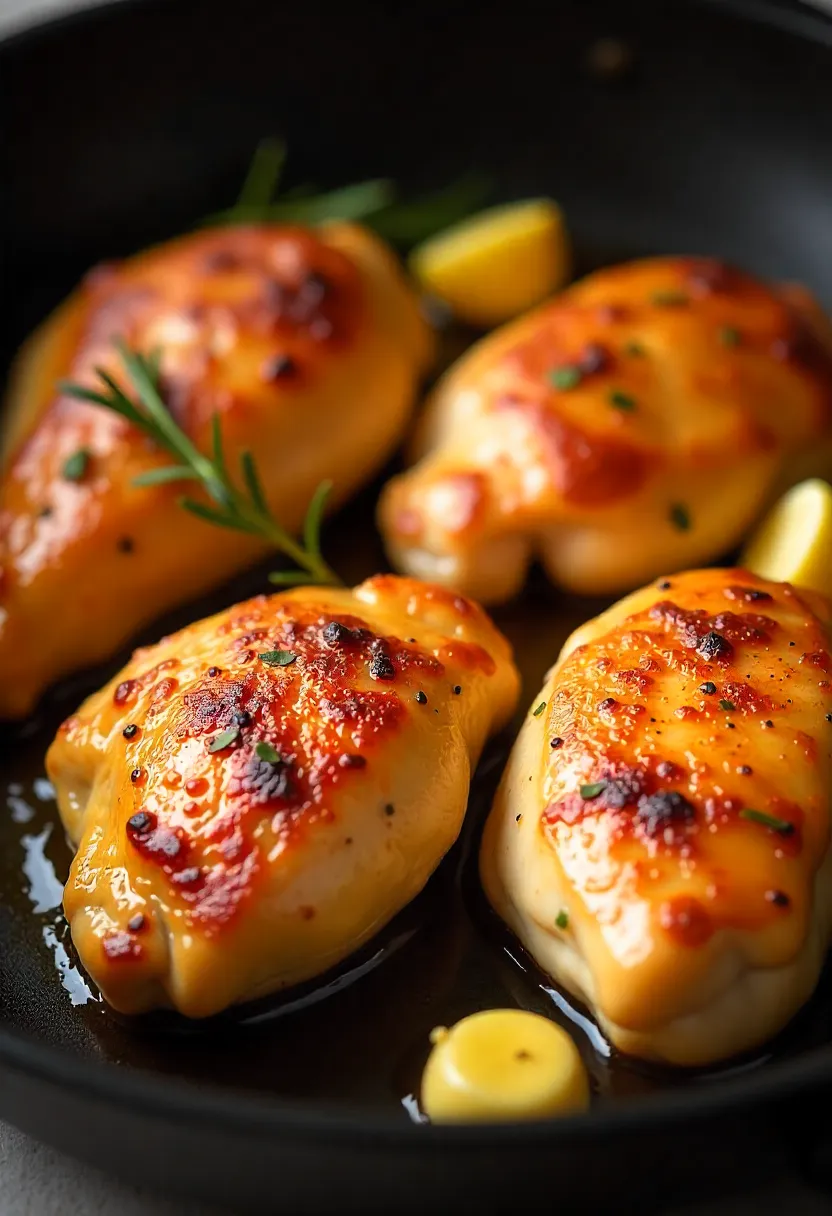 Skinless chicken breasts and thighs searing in a skillet with butter and garlic.