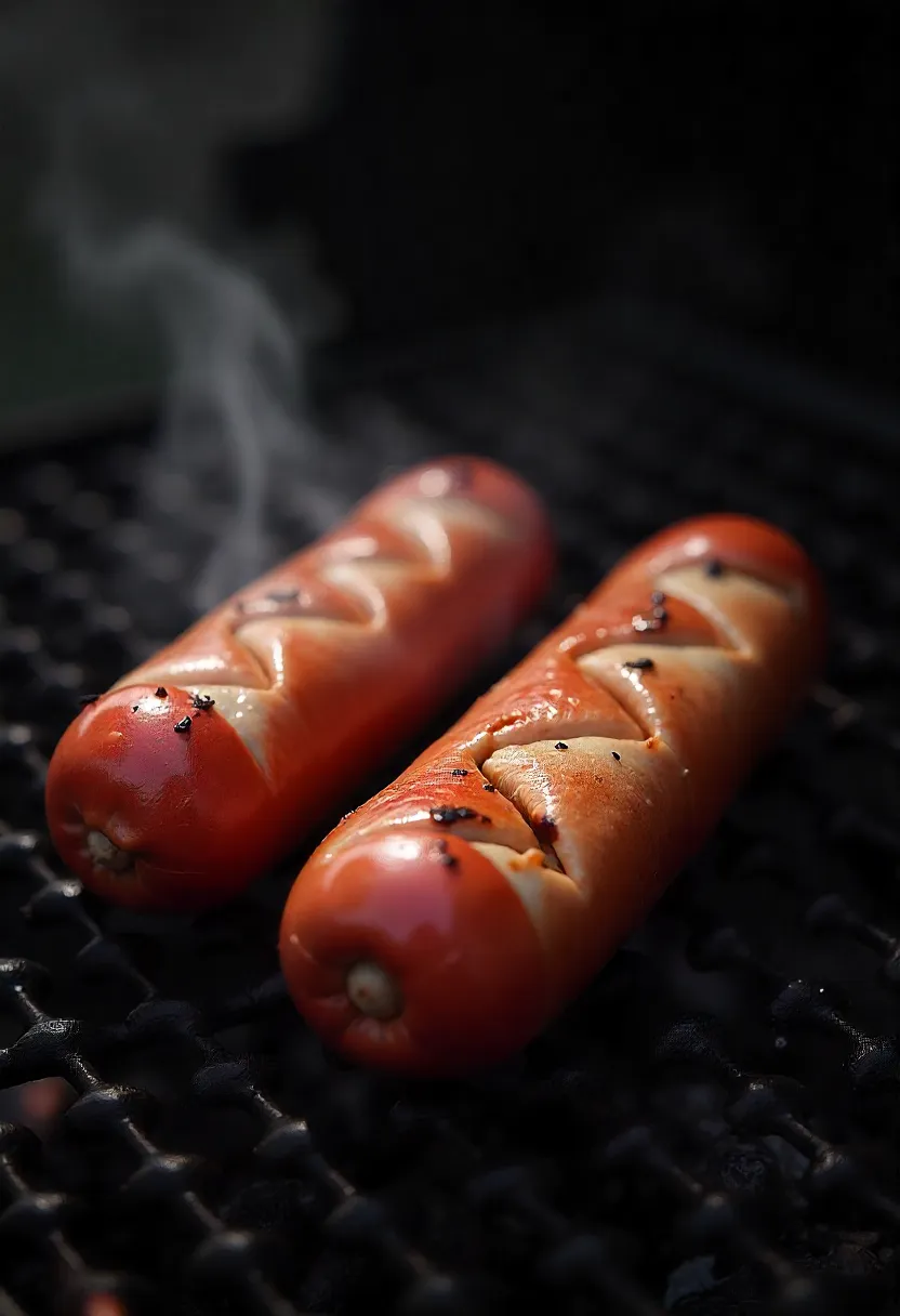 Realistic photo of skinless hot dogs on a grill, some shriveled and dry while one slashed hot dog looks plump and juicy.
