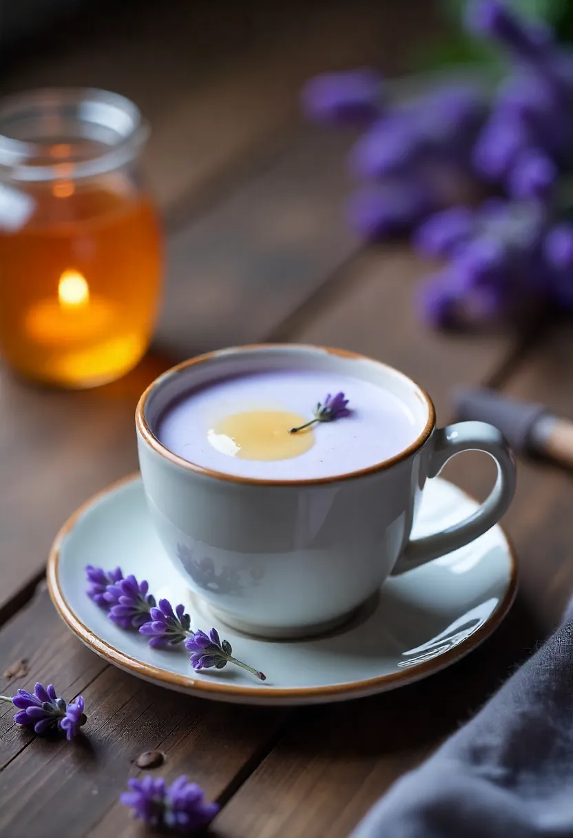 Sleepytime lavender milk in a ceramic mug with honey and lavender sprigs, served on a rustic wooden table for a calming bedtime drink.