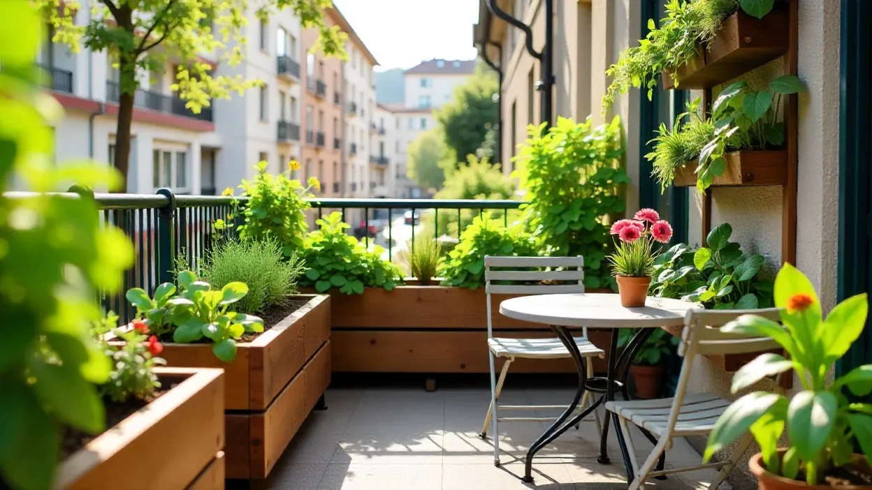 Small balcony garden with planter boxes, vertical wall garden, and herbs growing in compact space.