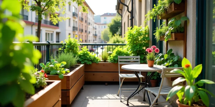 Small balcony garden with planter boxes, vertical wall garden, and herbs growing in compact space.