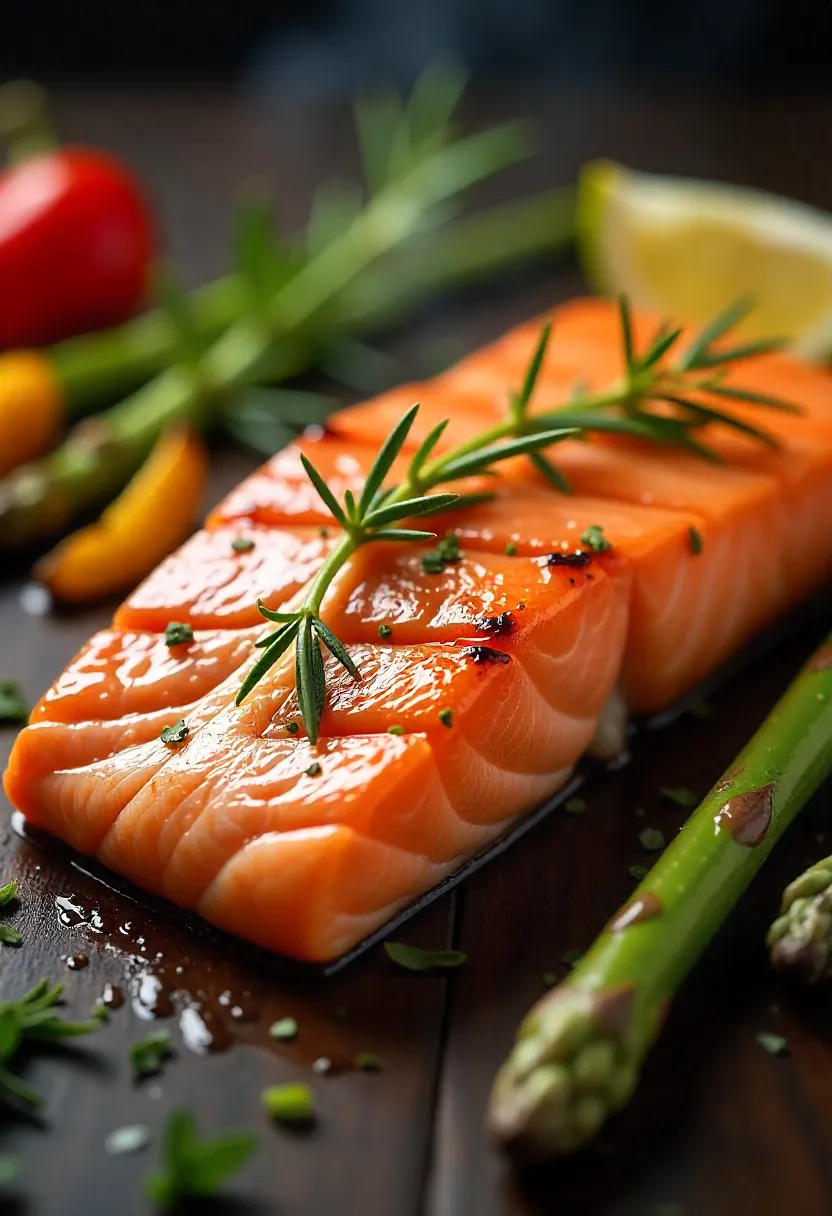 Smoked salmon fillet with grilled vegetables and fresh herbs showing the health and flavor benefits of smoking