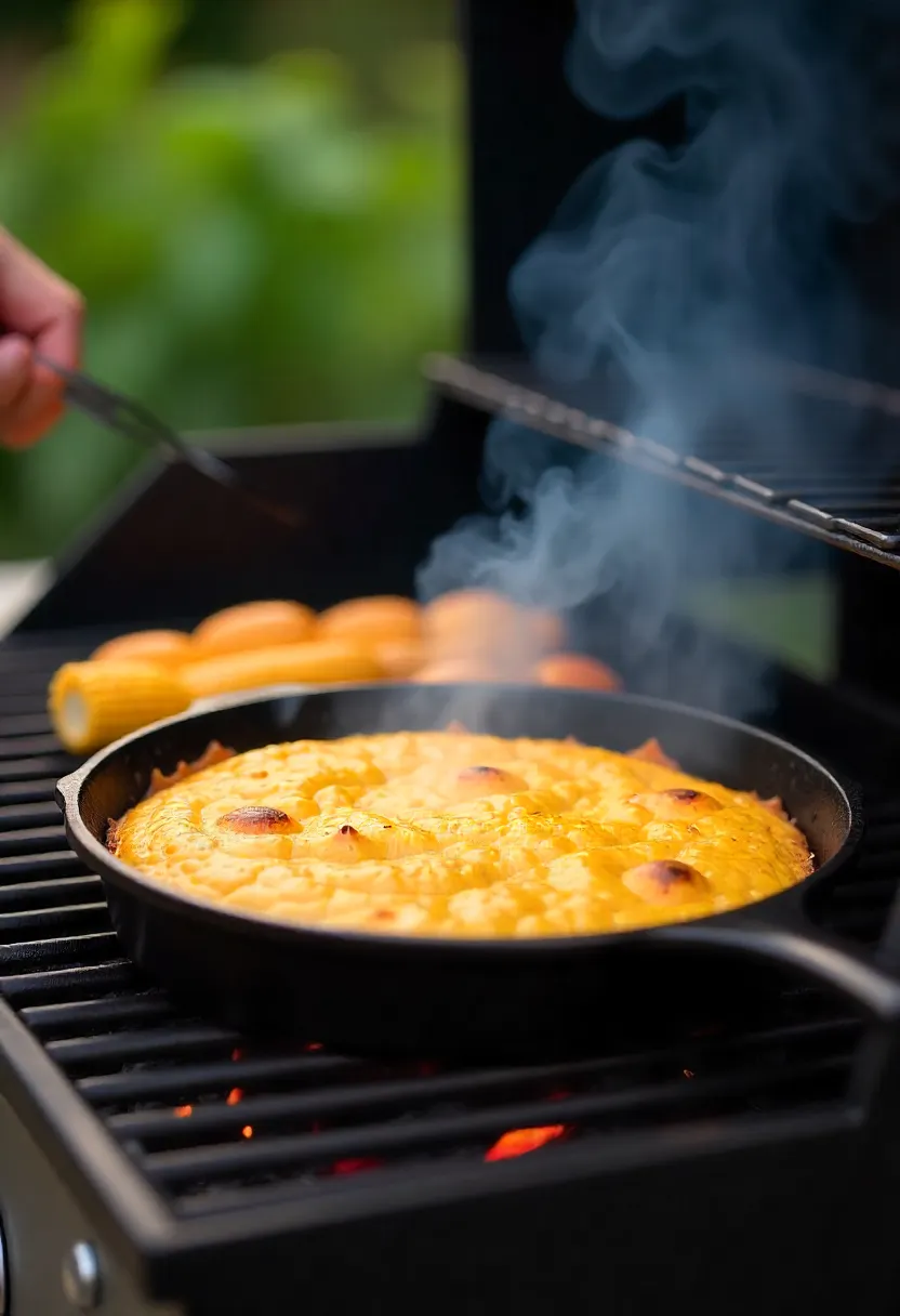 Realistic photo of a grill with cornbread baking in a cast iron skillet while corn and peaches char on the hot side, with smoke adding flavor.