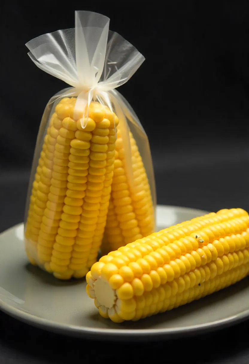 Corn on the cob cooked sous vide with herbs and butter, shown in a water bath and served on a plate.
