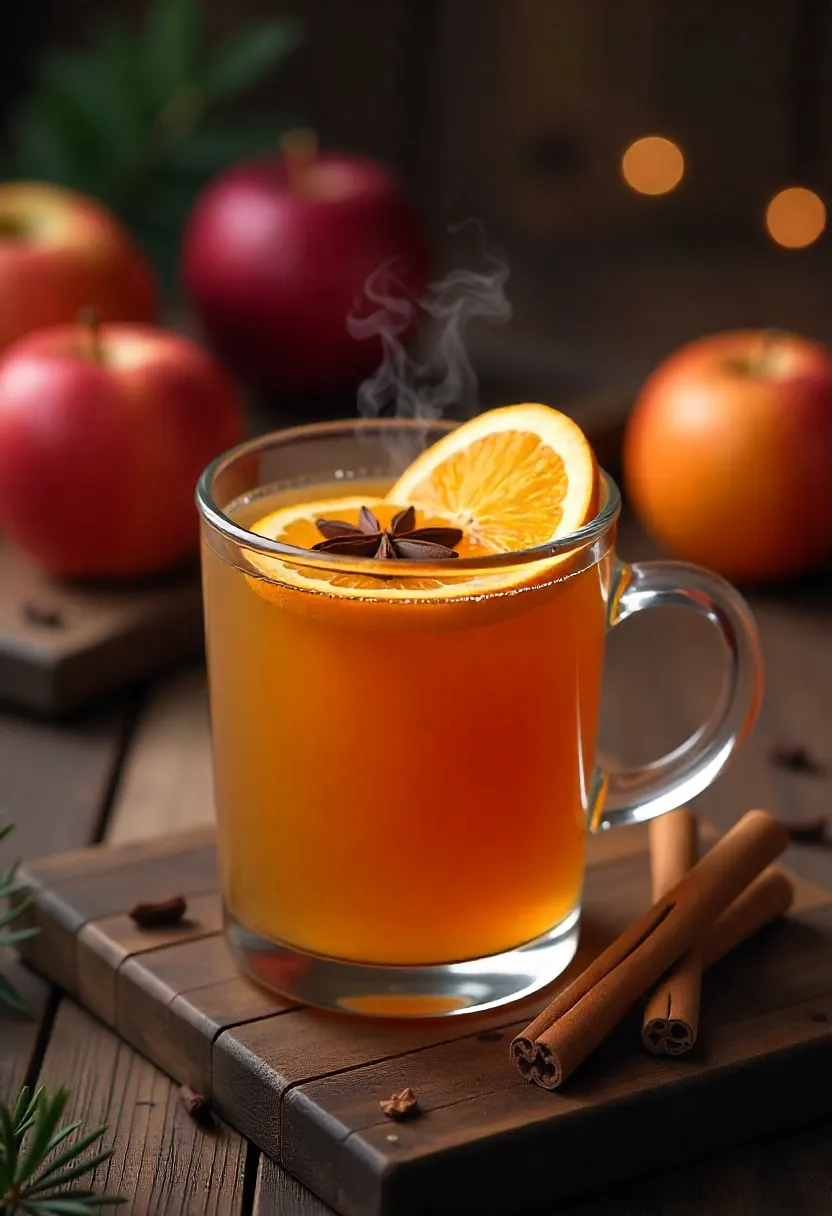 Hot spiced apple cider with cinnamon, cloves, and orange slices in a glass mug, a cozy winter drink perfect for gatherings or meal prep.