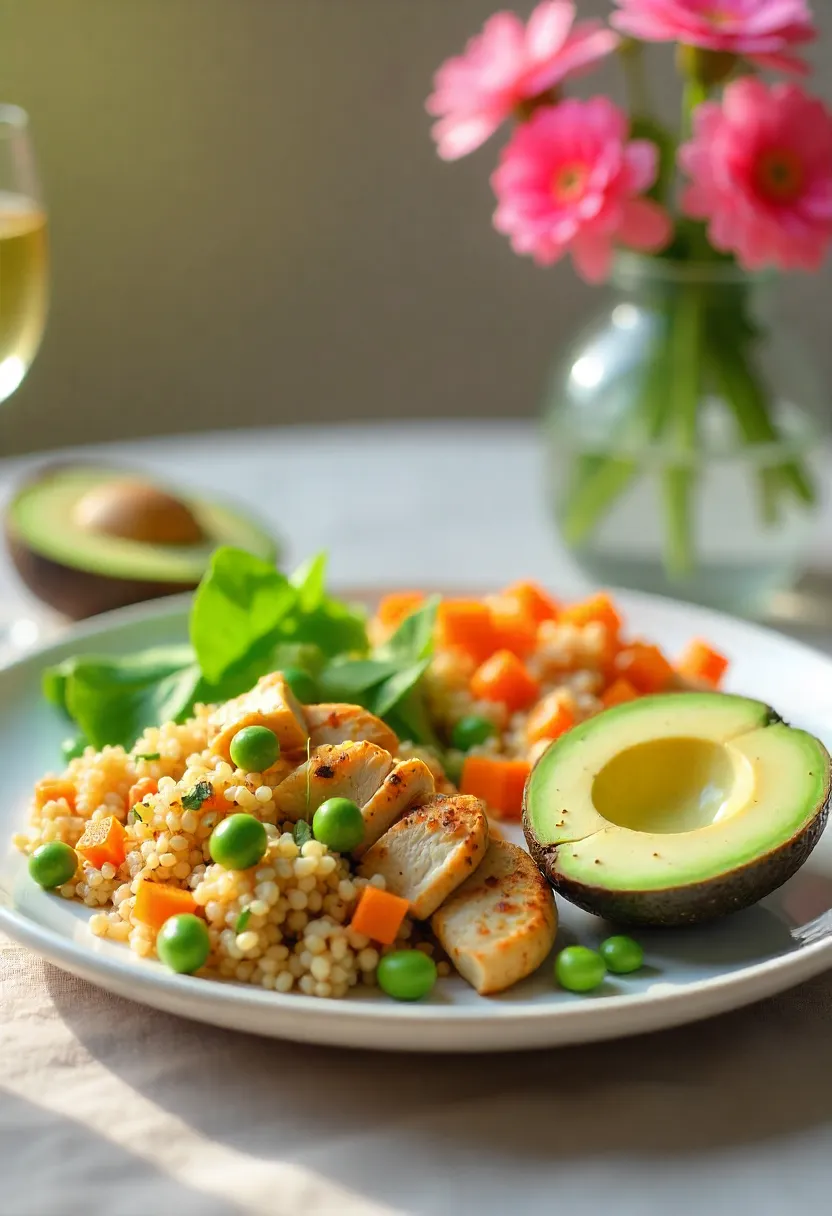 Balanced spring meal showing protein, carbs, and healthy fats: grilled chicken, quinoa with peas, and avocado slices on a bright plate.