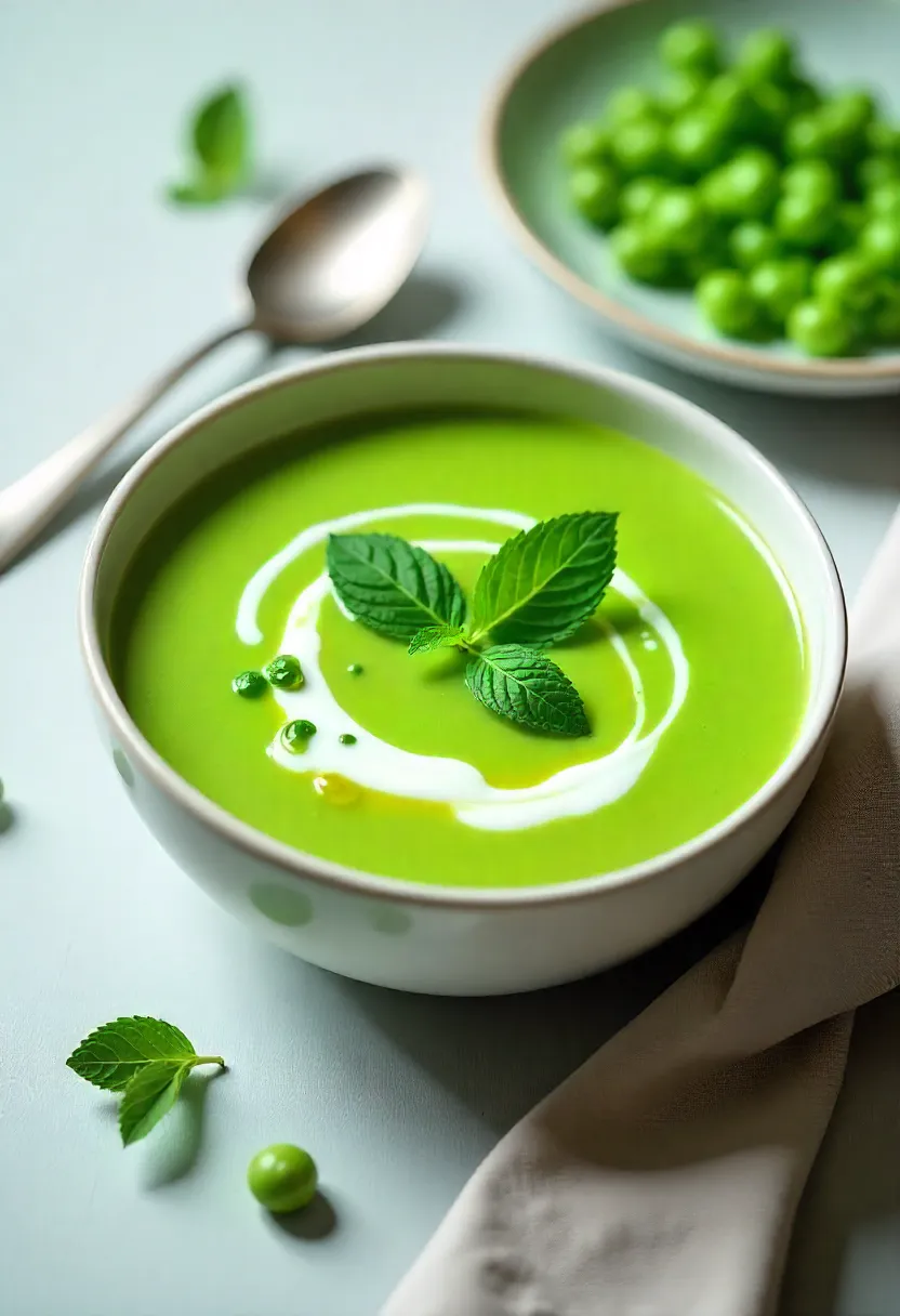 Bright green spring pea soup garnished with mint leaves and olive oil in a ceramic bowl, styled on a light spring-themed table.
