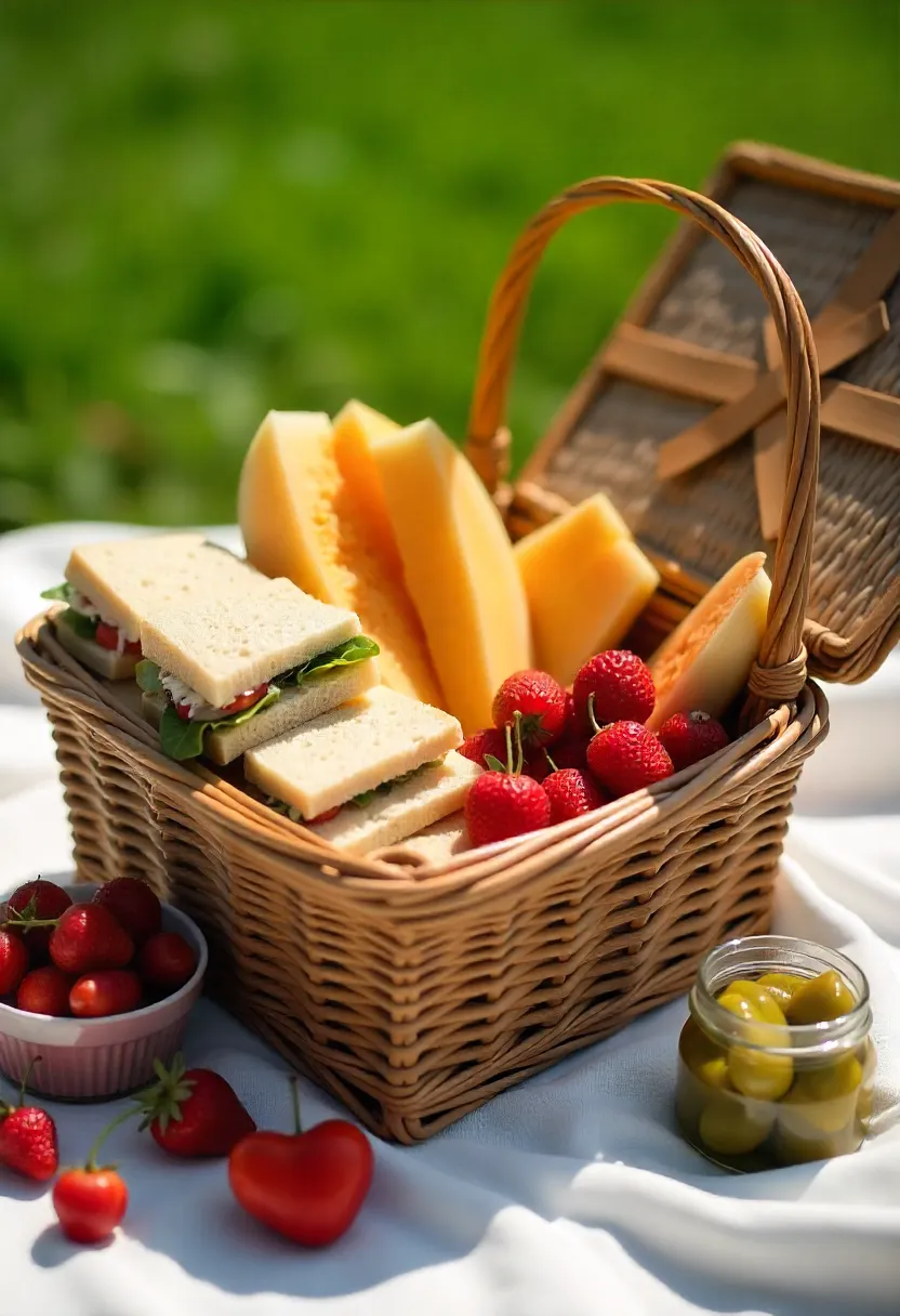 Picnic basket with finger sandwiches, strawberries, melon, and sides on a blanket in spring sunshine.