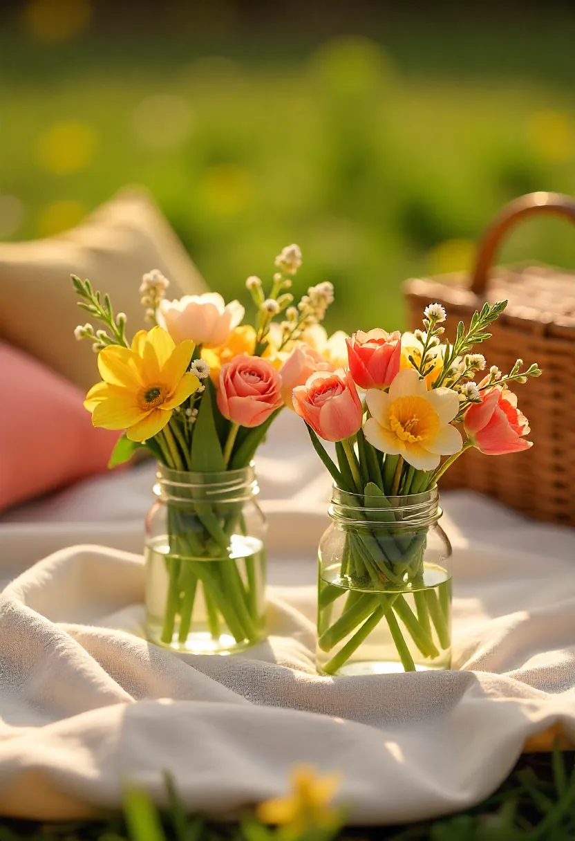 Spring picnic blanket decorated with fresh flowers in jars, wicker basket, and pillows in soft sunlight.
