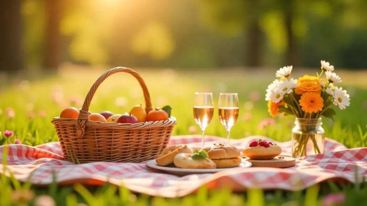 Romantic spring picnic with a blanket, wicker basket, fruits, pastries, wine glasses, and fresh flowers in a blooming meadow.