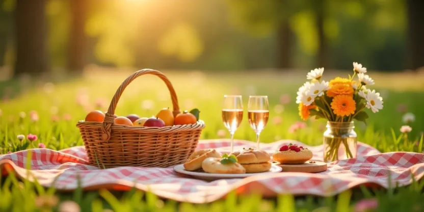 Romantic spring picnic with a blanket, wicker basket, fruits, pastries, wine glasses, and fresh flowers in a blooming meadow.