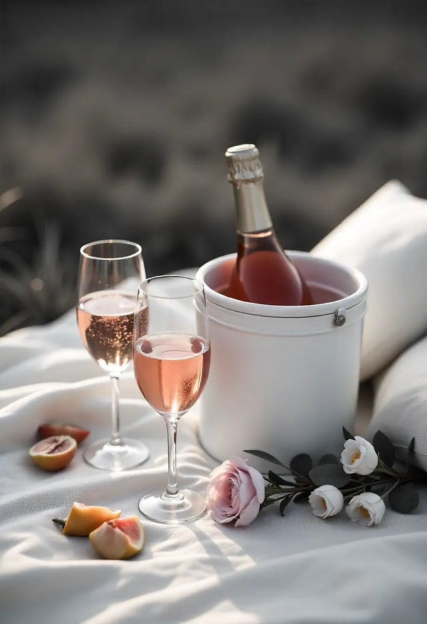 Chilled bottle of rosé and sparkling water with glasses on a picnic blanket decorated with flowers and pillows.