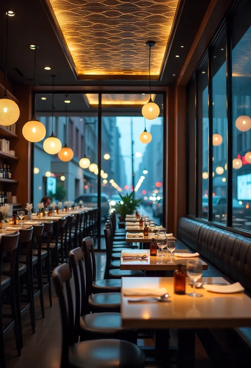 Restaurant with bold statement ceiling, artistic lighting, and textured design creating a striking dining atmosphere.