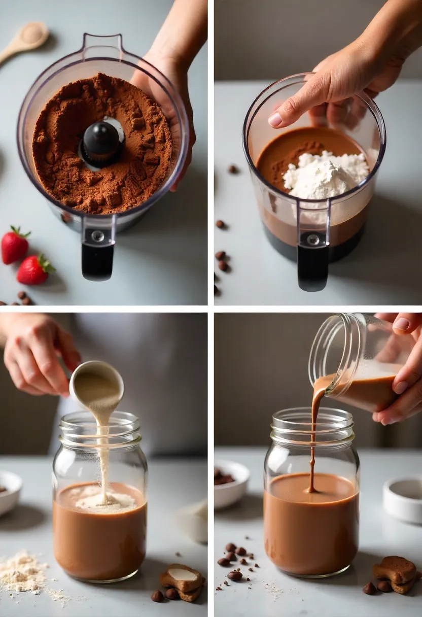 Step-by-step process of making homemade hot chocolate mix with cocoa powder, sugar, and milk powder blended and stored in a glass jar.