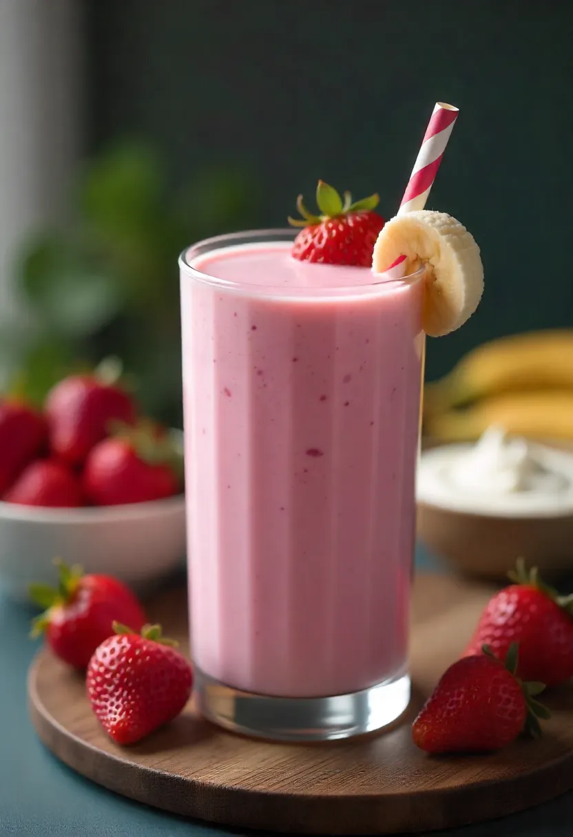 Strawberry banana yogurt smoothie in a tall glass, garnished with fresh fruit and served on a wooden table as a bedtime drink.