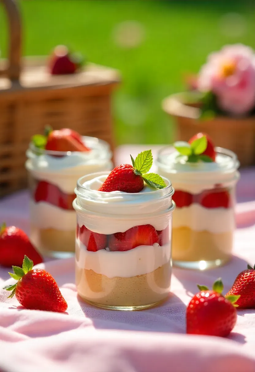 Individual strawberry shortcakes in jars with cake, cream, and strawberries on a picnic blanket with flowers.