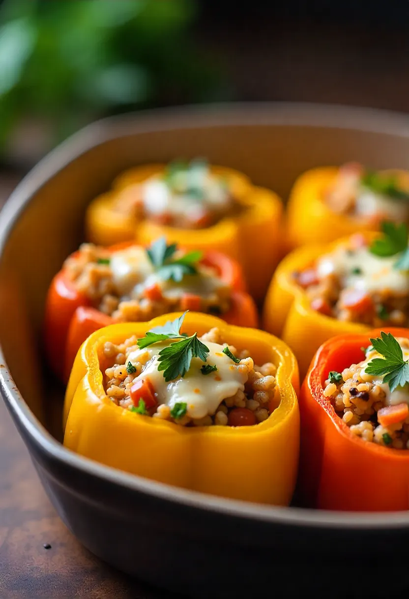 Colorful stuffed bell peppers with quinoa, tomatoes, and herbs, baked and garnished with parsley, a healthy romantic Valentine’s dinner.