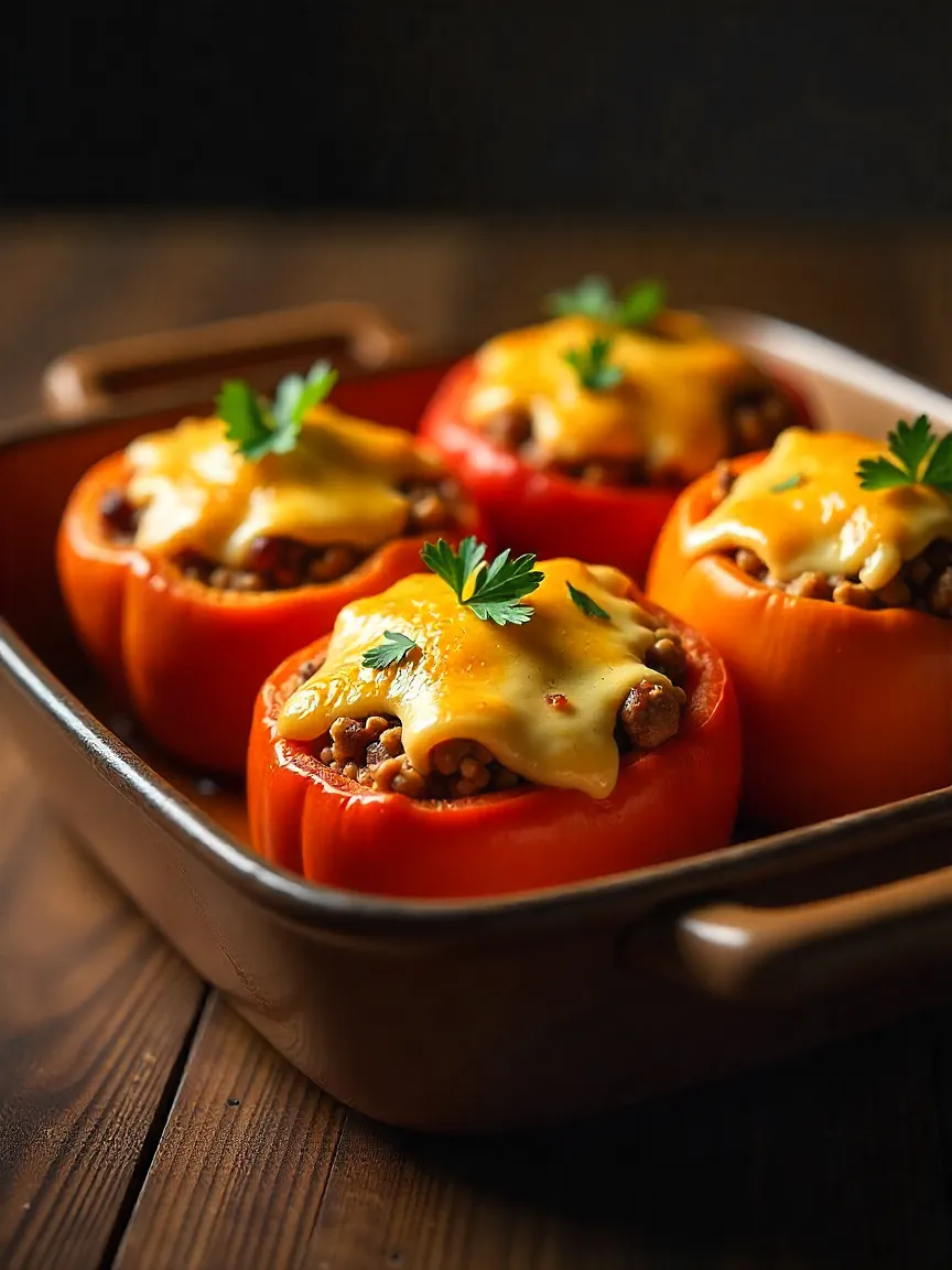 Baked stuffed bell peppers with rice, meat, beans, and melted cheese, garnished with parsley.