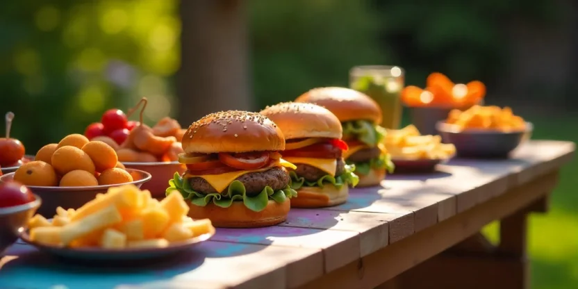 Friends making burgers at a sunny backyard table with a grill in the background.
