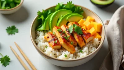 Colorful sushi bowl with spicy chicken, avocado, mango, and rice.