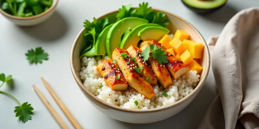 Colorful sushi bowl with spicy chicken, avocado, mango, and rice.