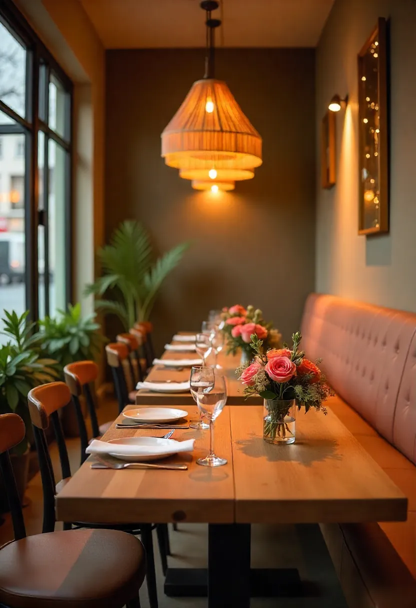 Restaurant interior with reclaimed wood furniture, recycled tile details, and energy-efficient lighting showcasing sustainable design.