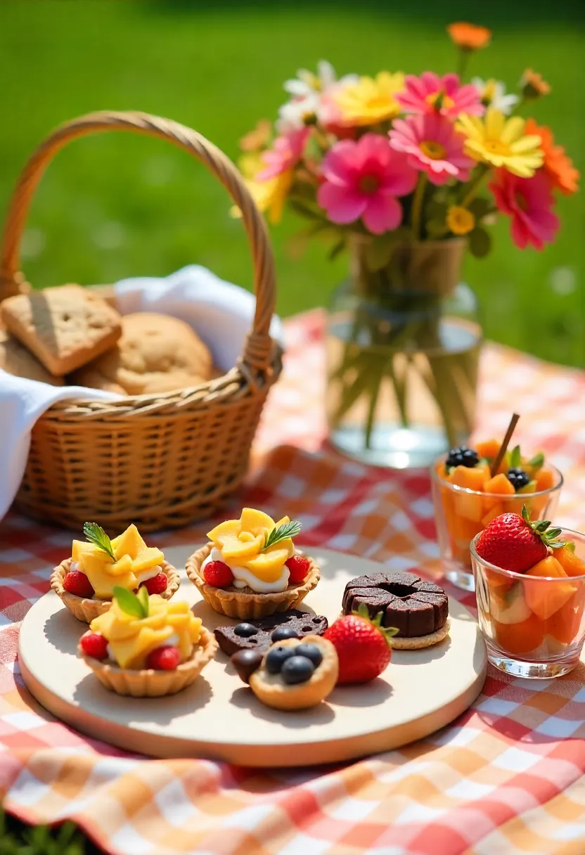 Picnic blanket with cookies, brownies, fruit tarts, chocolate strawberries, and fruit salad cups, decorated with spring flowers.