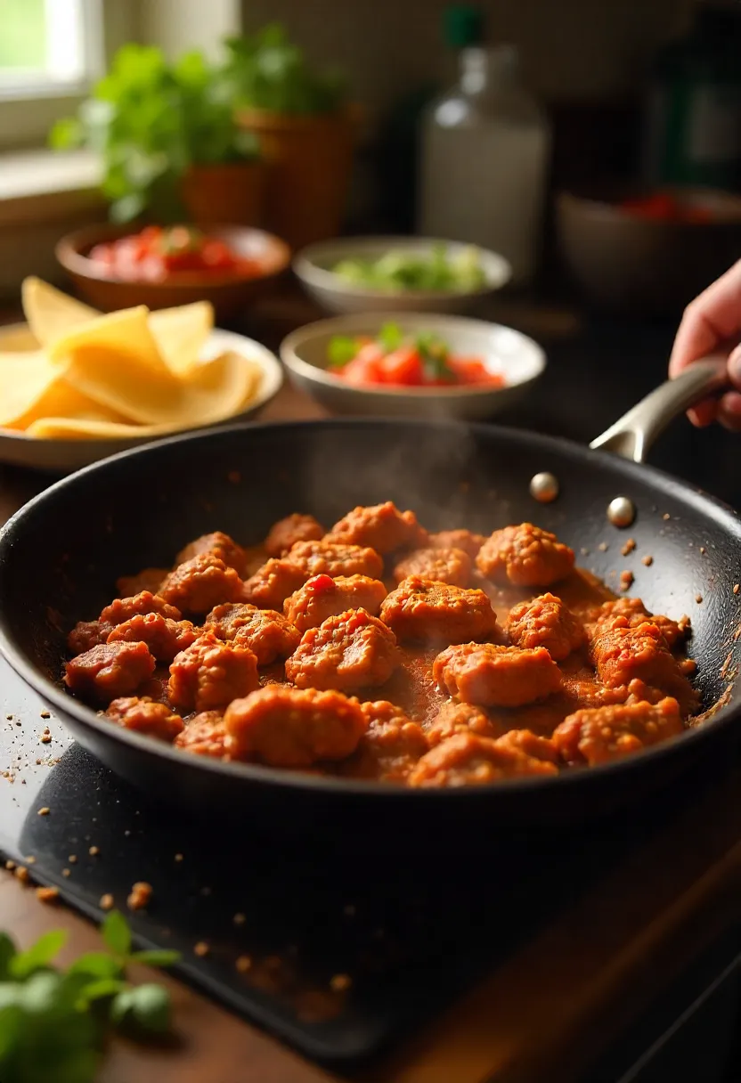 Skillet of richly browned taco meat cooked with bloomed spices, surrounded by tortillas and fresh toppings ready for Taco Tuesday.
