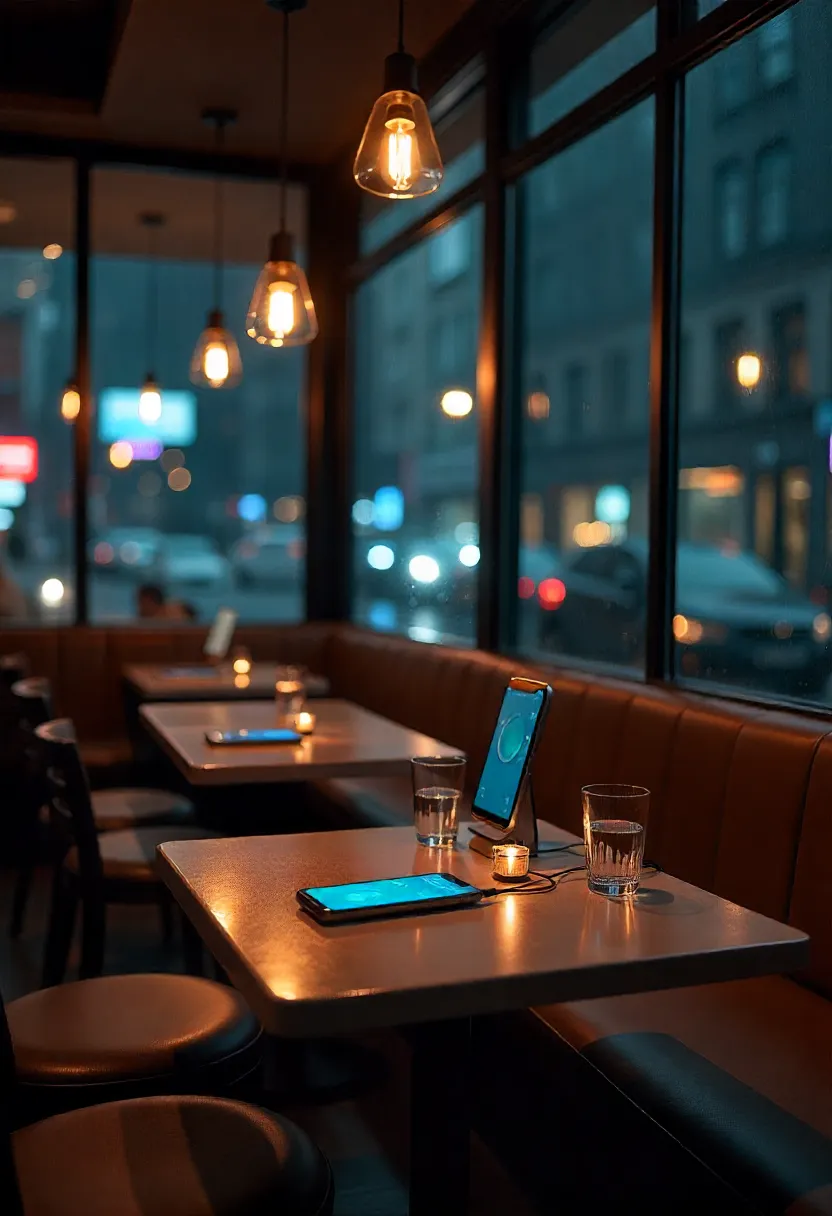 Modern restaurant with wireless charging, touchless payment, and smart lighting integrated into the dining design.