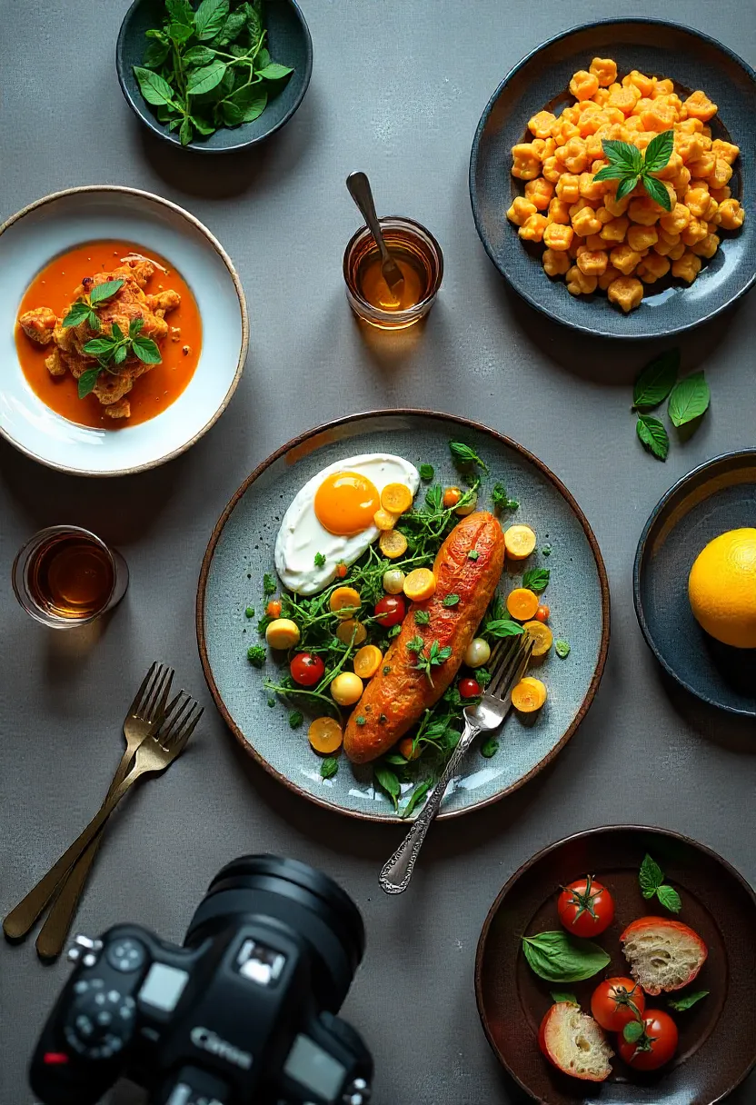 Overhead shot of a food flat lay photography setup with DSLR on a tripod, styled dishes, a laptop showing camera settings, and soft lighting tools.