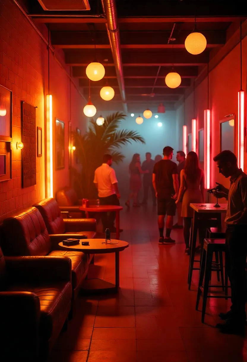 Retro-themed party décor with rustic details alongside futuristic décor with neon lights and metallic accents, highlighting contrasting styles.