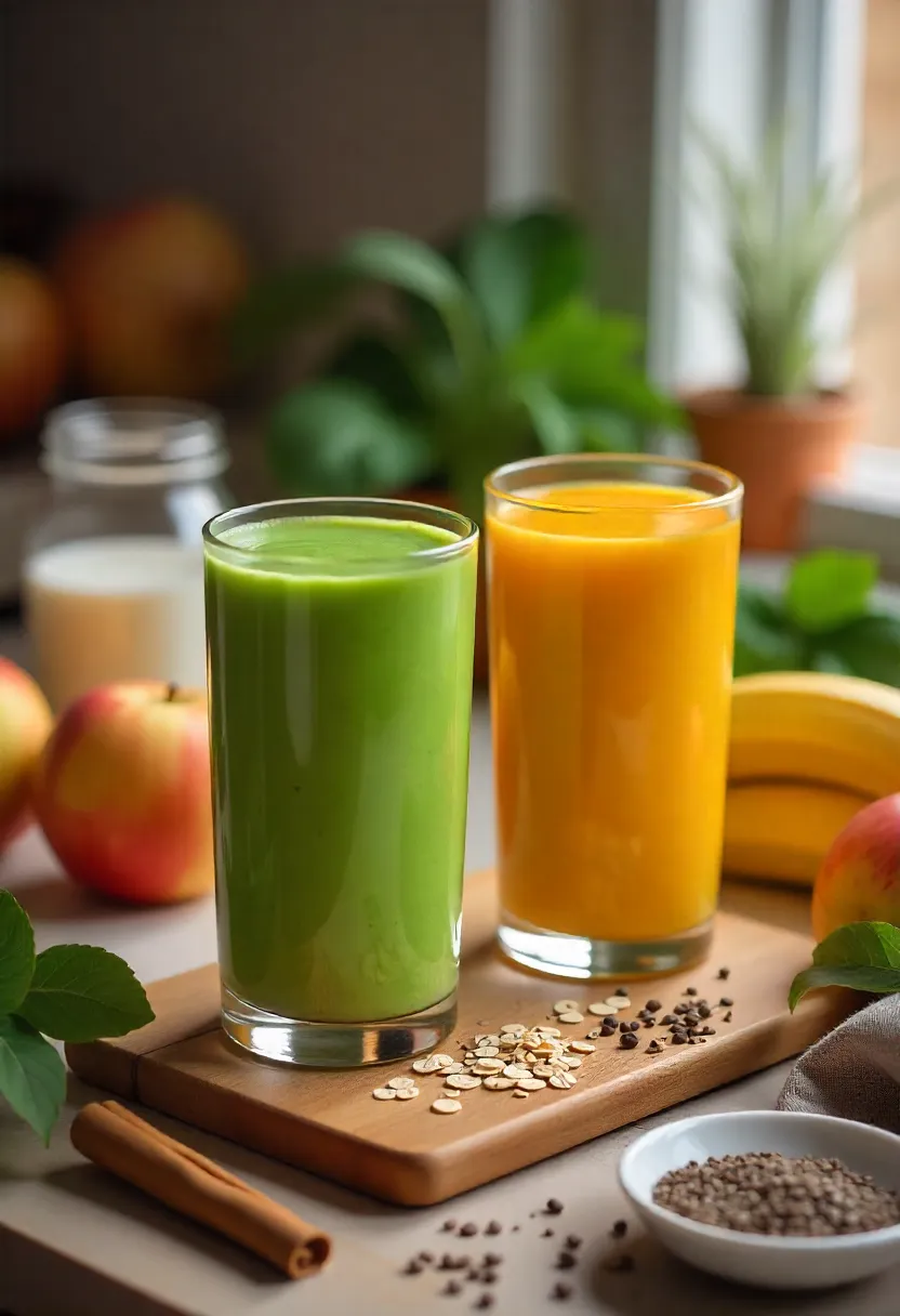 Two winter smoothies with fresh ingredients like apples, bananas, spinach, oats, and cinnamon on a cozy kitchen counter with warm lighting.