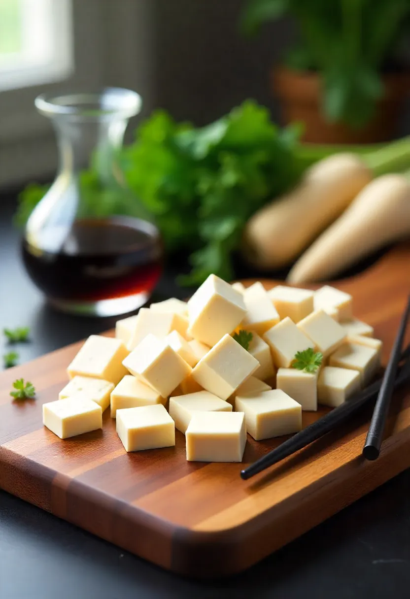 Cubed tofu on a cutting board with soy sauce and fresh vegetables
