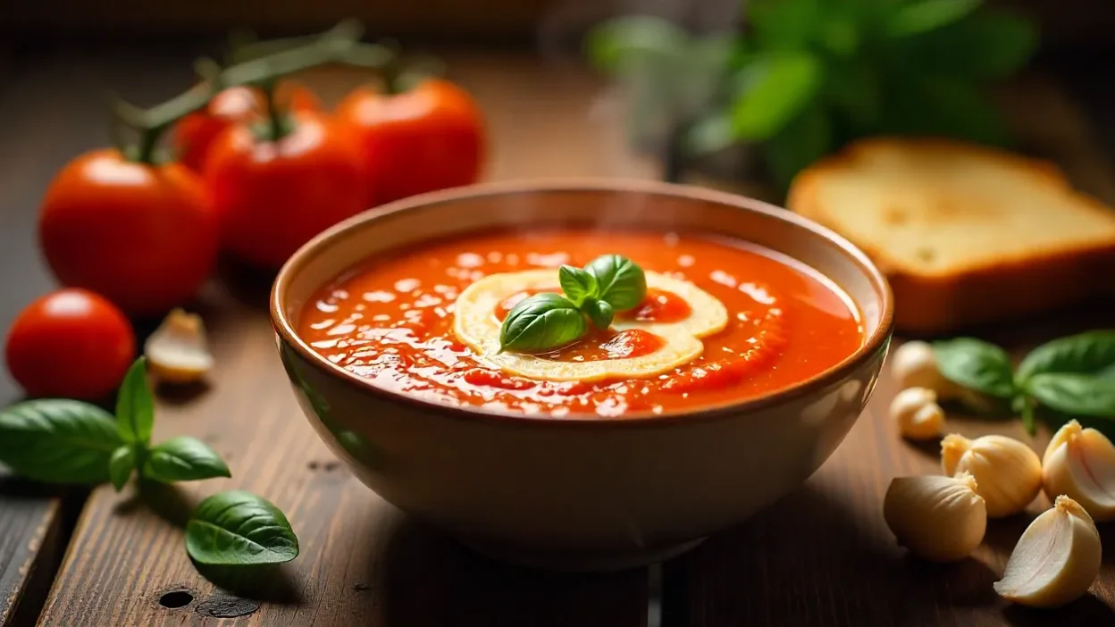 Steaming bowl of tomato soup with basil and olive oil, surrounded by fresh tomatoes, garlic, and bread.