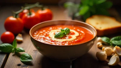 Steaming bowl of tomato soup with basil and olive oil, surrounded by fresh tomatoes, garlic, and bread.