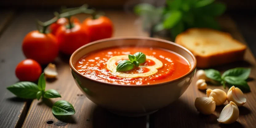 Steaming bowl of tomato soup with basil and olive oil, surrounded by fresh tomatoes, garlic, and bread.