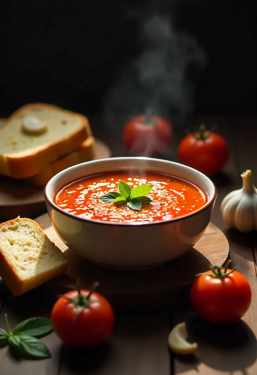 Steaming bowl of tomato soup with basil, served with buttered bread and melted cheese, surrounded by fresh tomatoes and garlic.