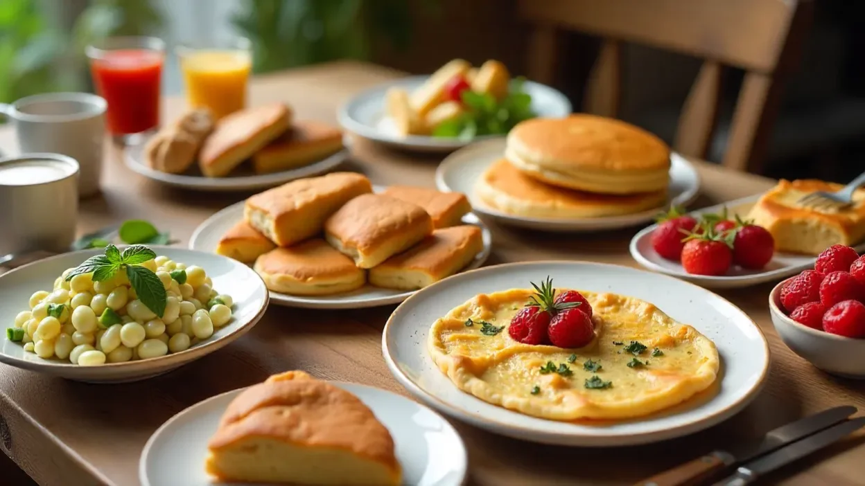 Traditional European breakfast table with potato pancakes, cucumber salad, cheese spread, porridge, mousse, pastries, tea, and coffee in a rustic setting.