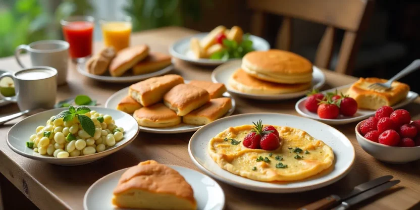 Traditional European breakfast table with potato pancakes, cucumber salad, cheese spread, porridge, mousse, pastries, tea, and coffee in a rustic setting.