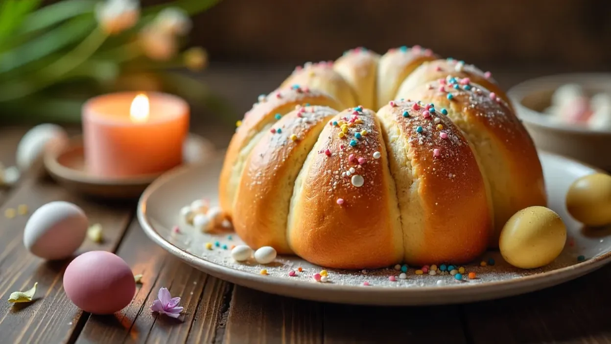 Traditional Easter kulich bread with white glaze, colorful sprinkles, and dyed eggs on a festive spring table.