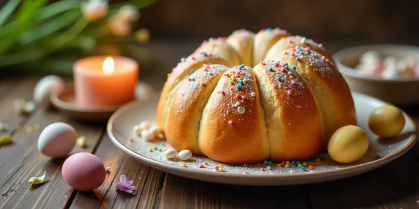 Traditional Easter kulich bread with white glaze, colorful sprinkles, and dyed eggs on a festive spring table.