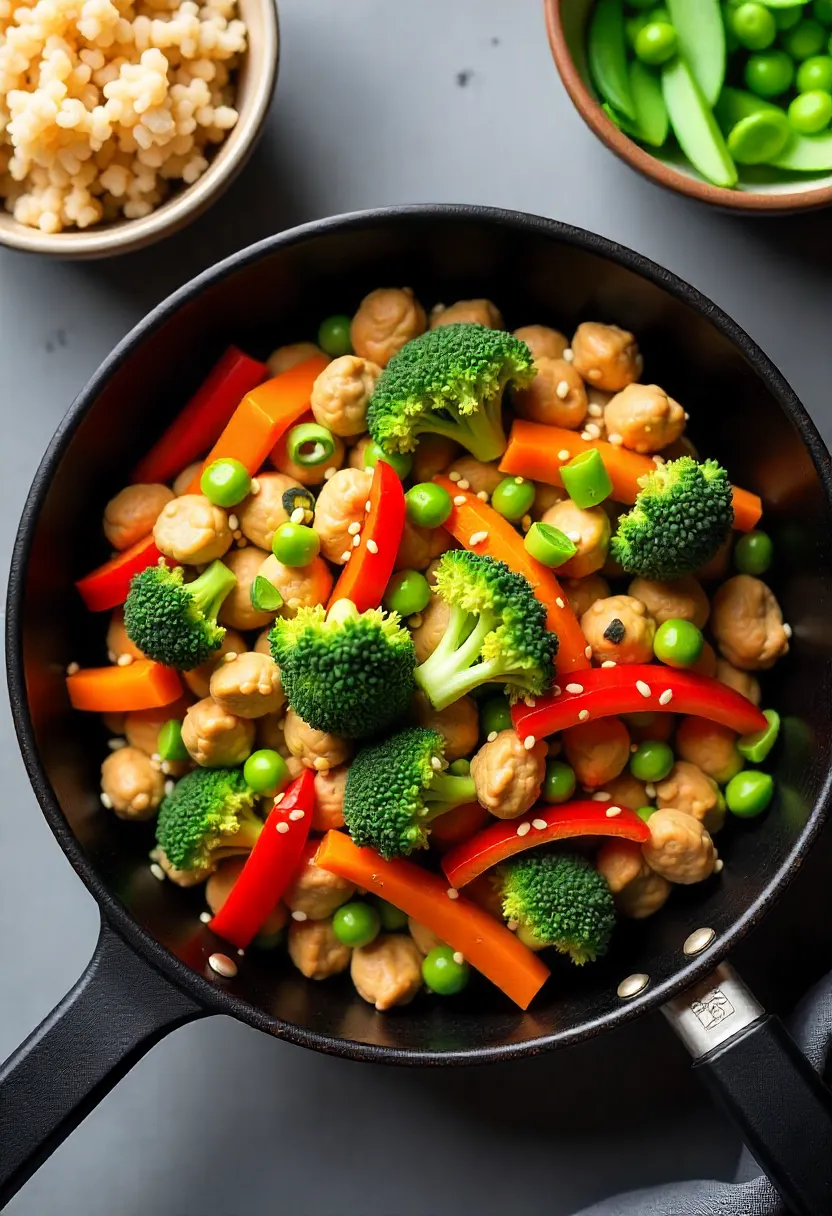 Skillet of turkey and veggie stir-fry with bell peppers, broccoli, carrots, and snap peas, served with brown rice.