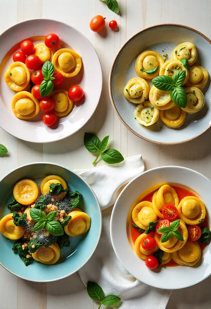 Four healthy tortellini dishes—vegetarian, chicken, lentil, and gluten-free—styled with fresh vegetables and herbs.