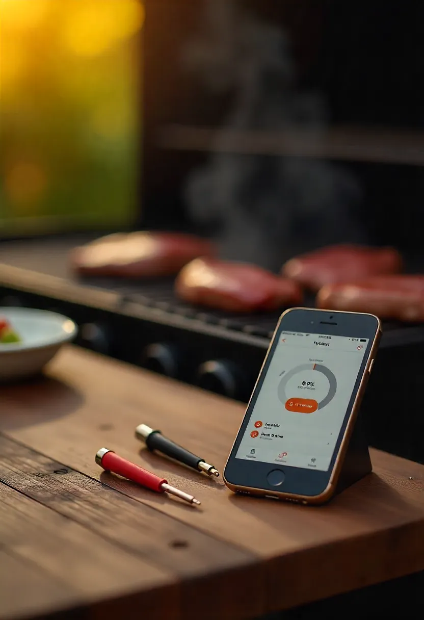The Typhur Sync™ Gold wireless meat thermometer with dual probes and smartphone app, shown in a backyard grilling setup with food cooking on the grill.