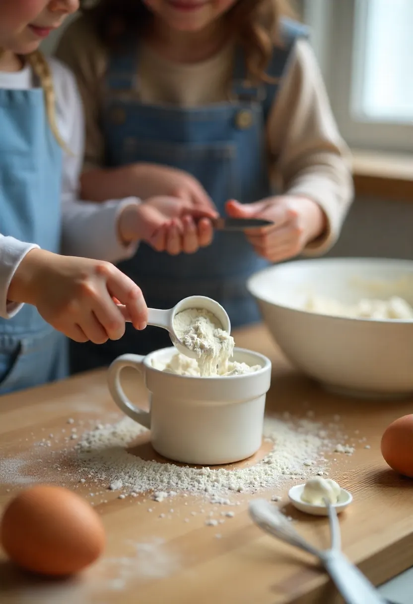 Child measuring flour while parent levels the cup, with another child mixing cookie batter in a cozy kitchen.