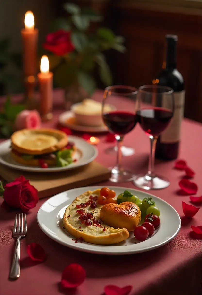 Red wine and gourmet Valentine’s dinner with steak, seafood, and vegetarian dishes, paired with candles and roses for a romantic atmosphere.