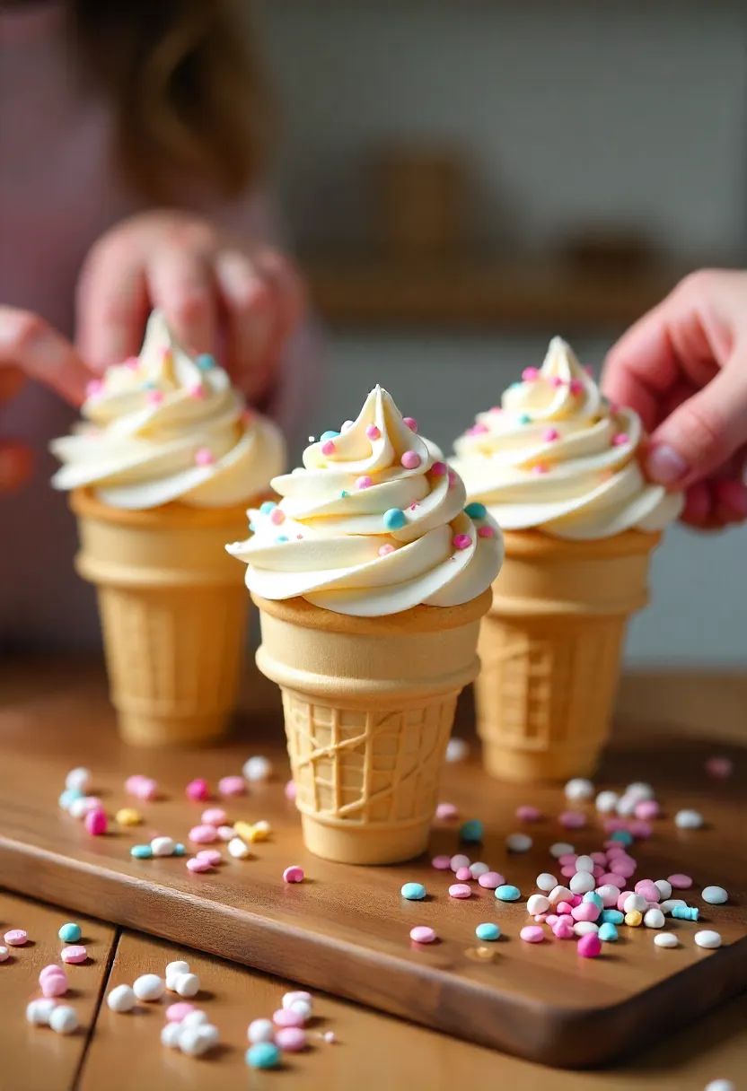 Vanilla cupcake cones in ice cream cones with frosting and sprinkles, kids decorating them in a cozy winter kitchen.