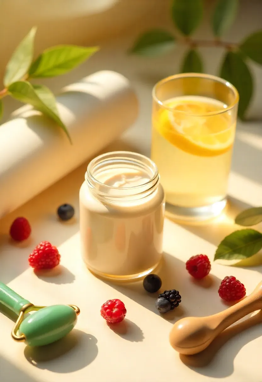 Vegan collagen powder with water, skincare items, berries, and greens symbolizing support for skin and joints.