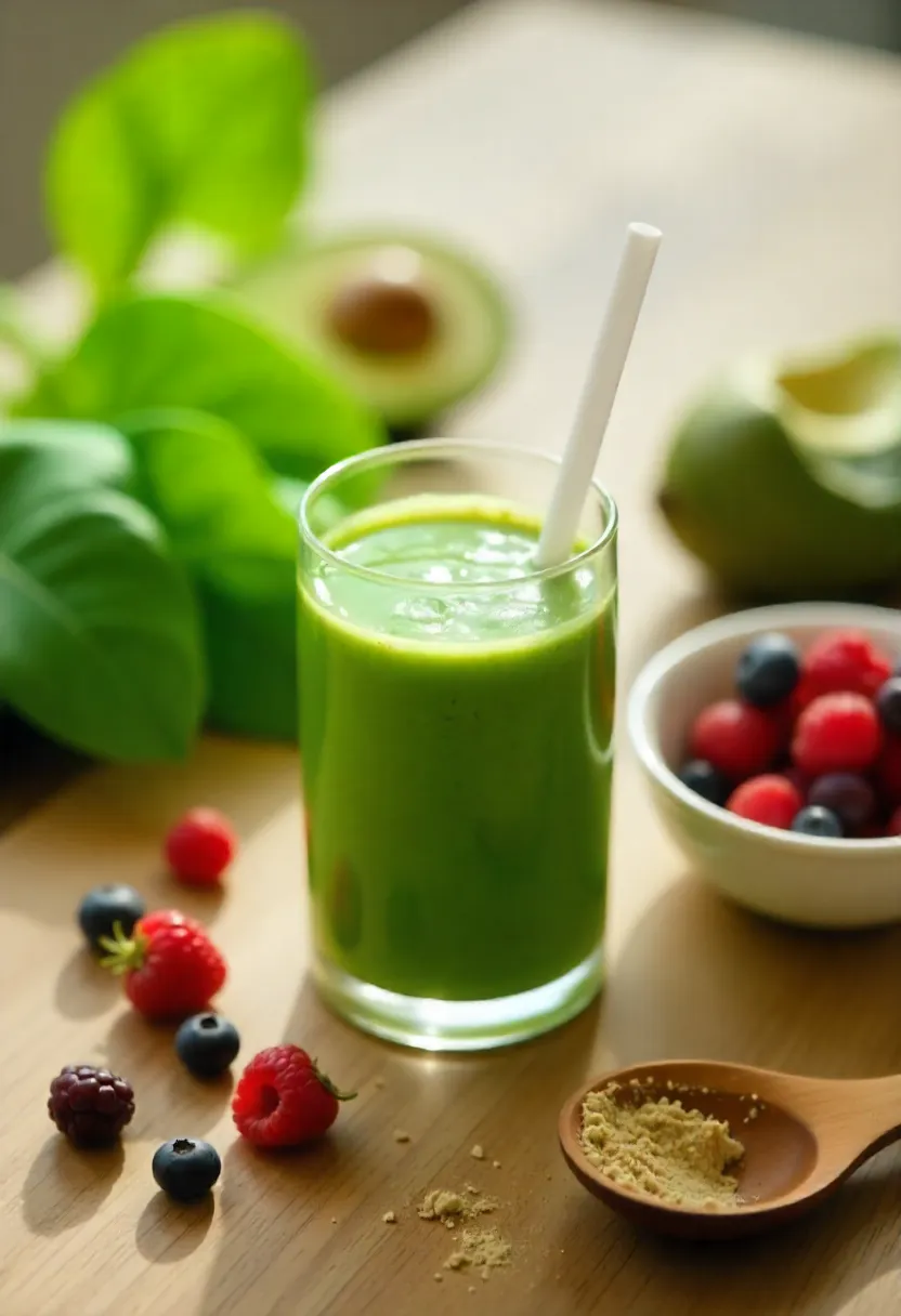 Plant-based supplements with vegan protein smoothie, spinach, berries, and avocado on a clean wooden table.