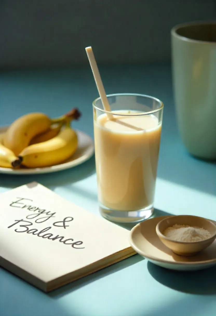 Vegan protein shake with collagen powder and fresh fruits on a breakfast table, symbolizing energy and balance.